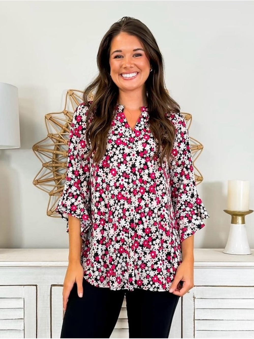 Floral V-Neck Ruffle-Sleeve Blouse in Black, White & Pink